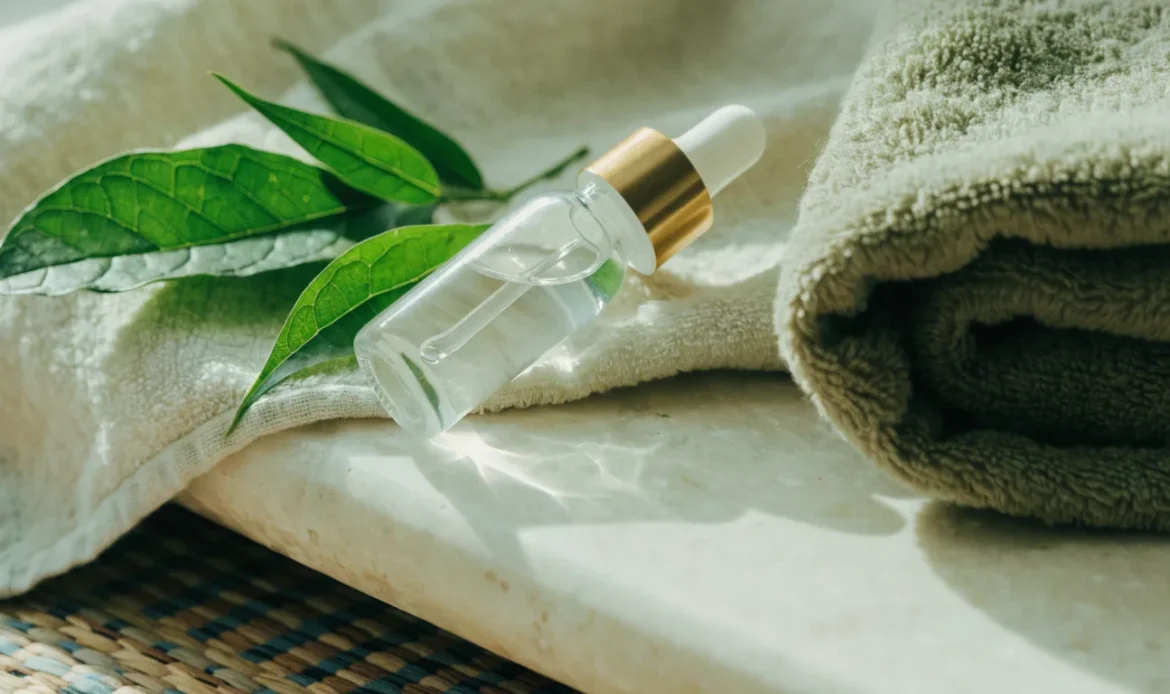 A close still life of a glass dropper bottle, a folded soft towel and fresh green leaves on a pale stone bathroom surface, illustrating does sea moss help with acne.