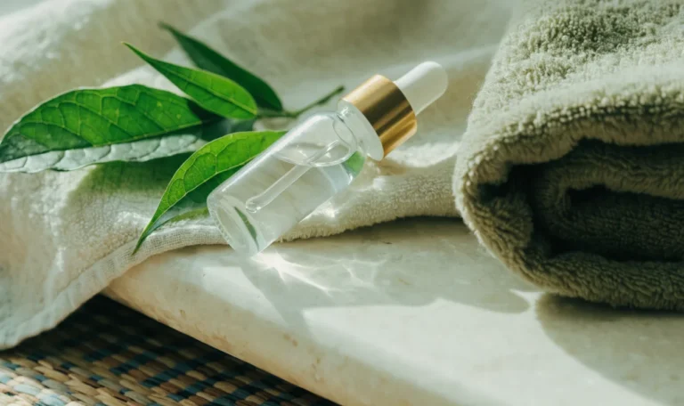 A close still life of a glass dropper bottle, a folded soft towel and fresh green leaves on a pale stone bathroom surface, illustrating does sea moss help with acne.