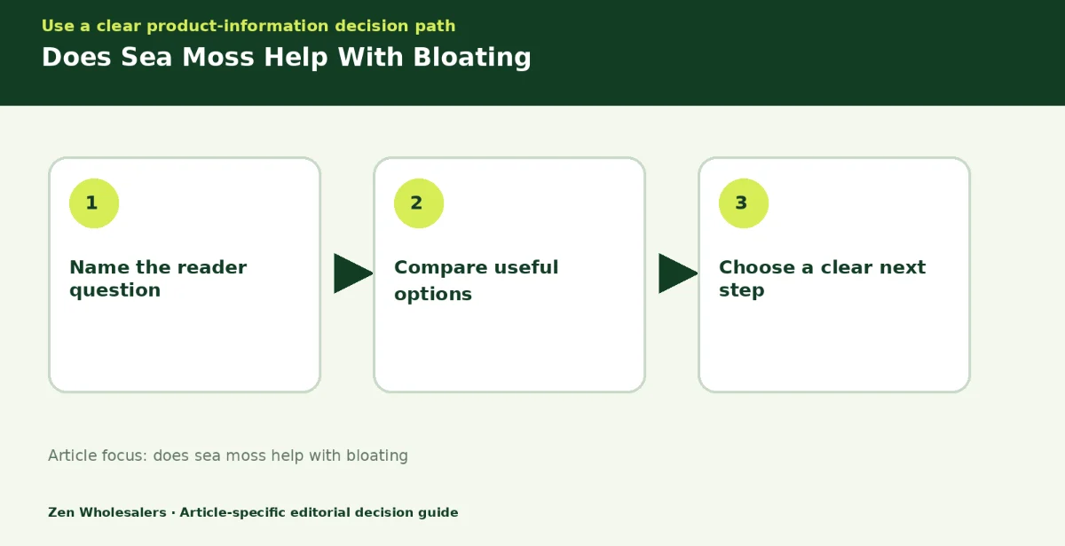 Decision guide diagram summarising does sea moss help with bloating in three steps for Zenwholesalers readers