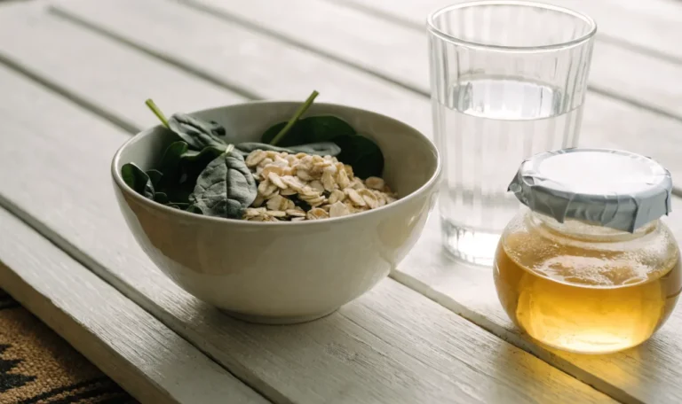A simple bowl of oats and greens with a small jar of golden gel and a glass of water on a light wooden table, illustrating does sea moss help with bloating.
