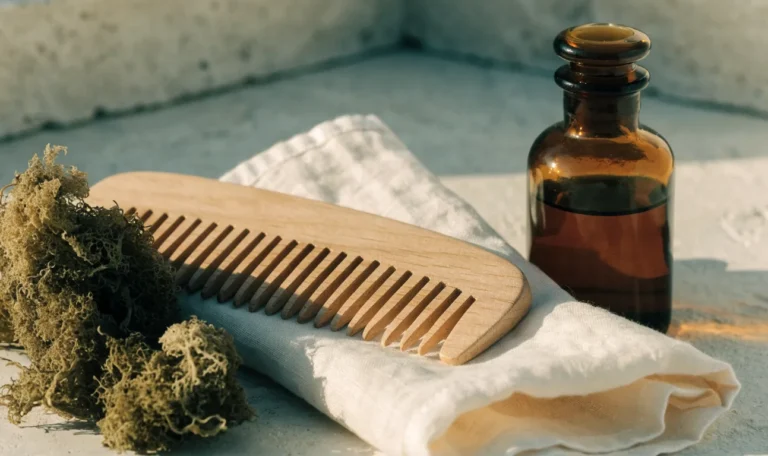 A wide-tooth wooden comb, a folded linen towel and an unlabelled amber oil bottle on a pale stone surface, dried sea moss beside them, illustrating does sea moss help with hair growth.