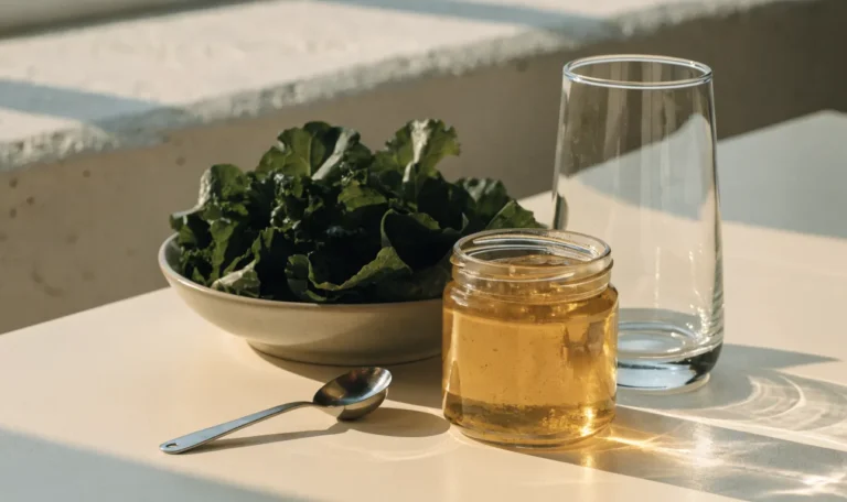 A small jar of golden sea moss gel beside a bowl of leafy greens, a measuring spoon and a glass of water on a pale cream table, illustrating does sea moss help you lose weight.