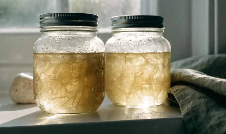Two sealed glass mason jars of golden sea moss gel on a cool white refrigerator shelf, condensation on the glass, illustrating does sea moss need to be refrigerated.