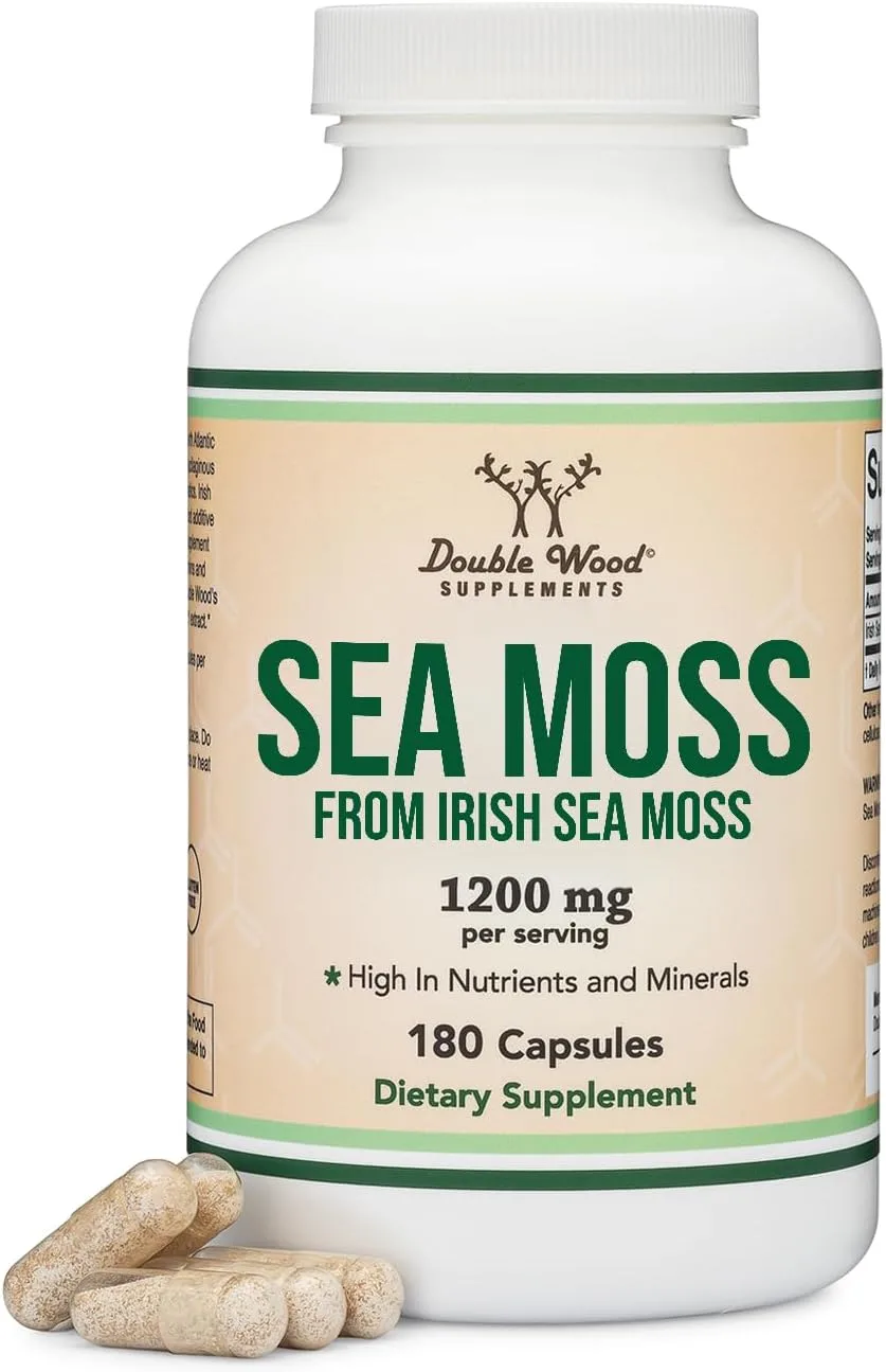Double Wood Supplements sea moss capsules container photographed against a plain background