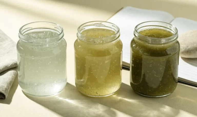 An unbranded flat lay comparing three plain glass jars of sea moss gel of different shades on a pale cream surface with a notebook, illustrating dr missions sea moss.
