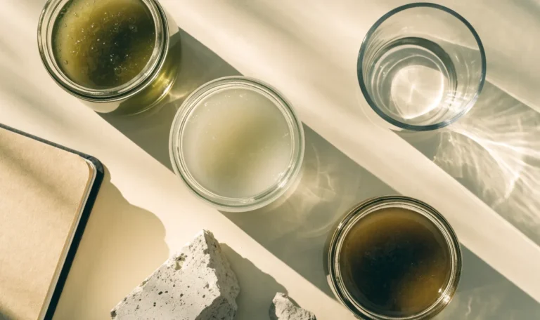 An unbranded flat lay comparing three plain glass jars of sea moss gel of different shades on a pale cream surface with a notebook, illustrating dr sebi sea moss.