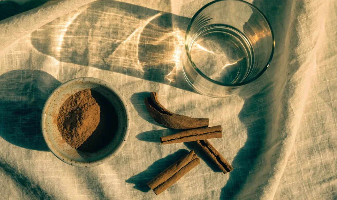 A small ceramic bowl of finely ground cinnamon powder beside broken cinnamon quills on a pale linen cloth, illustrating dried cinnamon.
