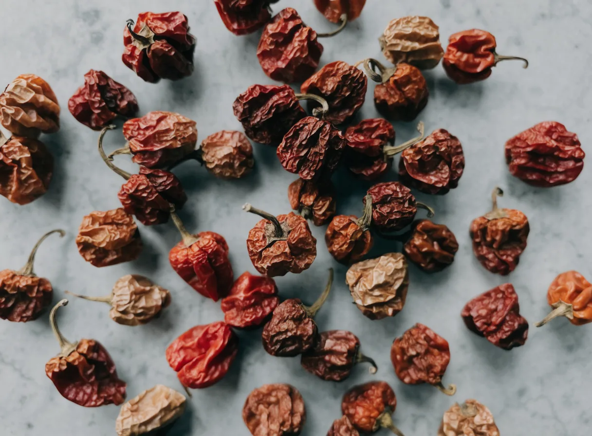 Dried scotch bonnet chillies, small wrinkled lantern-shaped peppers in deep red and burnt orange