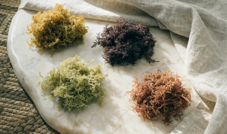An overhead arrangement of four small piles of dried sea moss in gold, purple, green and reddish shades on a cream stone surface, illustrating dried sea moss.