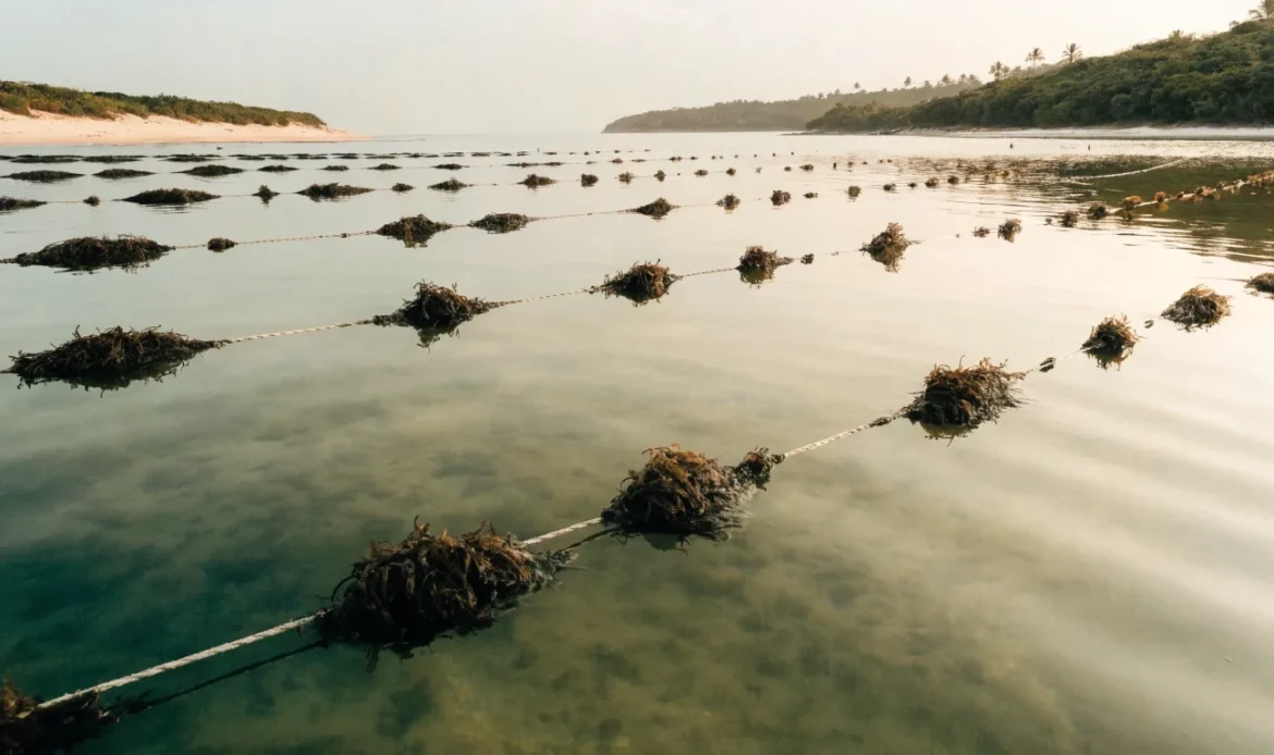 A wide calm tropical coastline with rope lines of cultivated seaweed floating in clear shallow water at golden hour, illustrating east african sea moss.