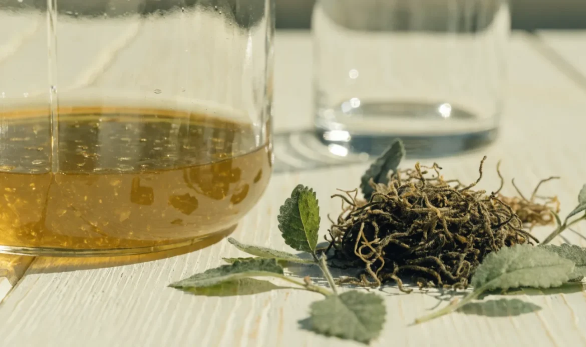 A still life of a glass jar of golden sea moss gel, a small pile of dried wildcrafted sea moss and fresh green leaves on a pale cream surface, illustrating elderberry sea moss.