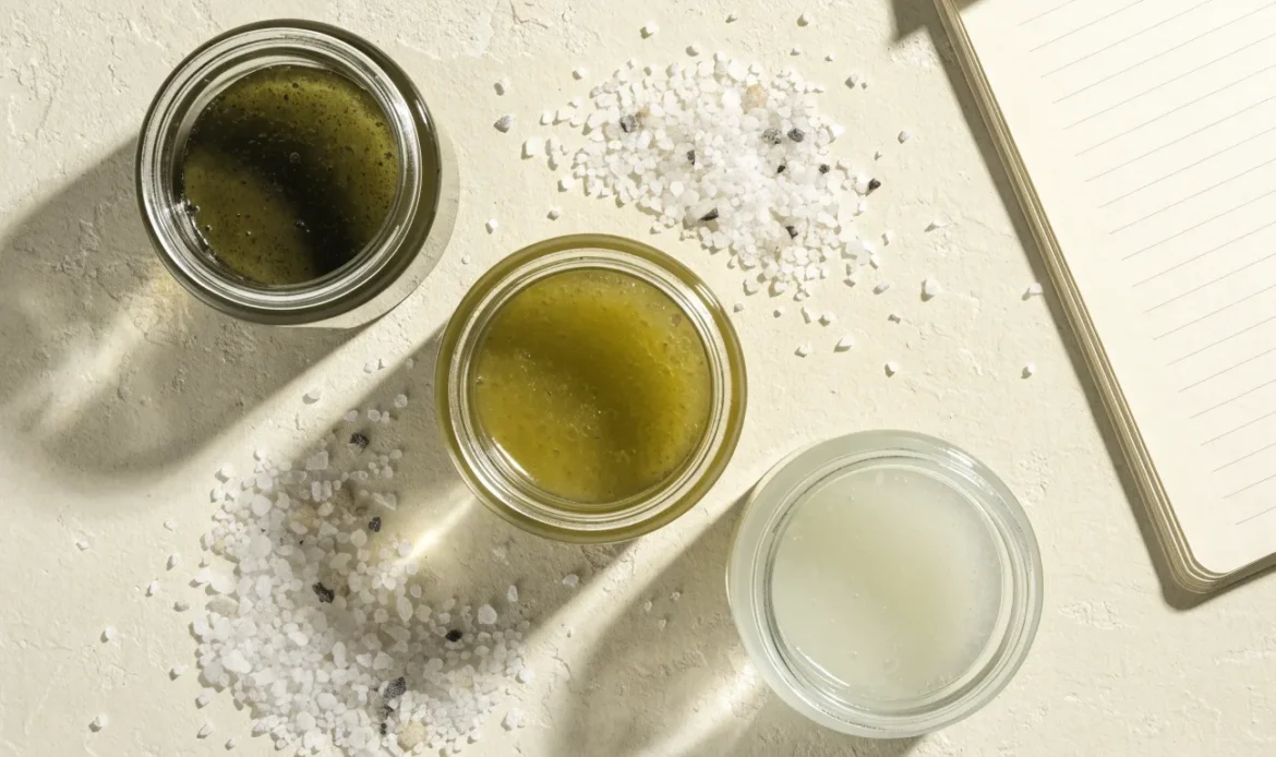 An unbranded flat lay comparing three plain glass jars of sea moss gel of different shades on a pale cream surface with a notebook, illustrating elderwise sea moss.