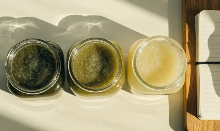 An unbranded flat lay comparing three plain glass jars of sea moss gel of different shades on a pale cream surface with a notebook, illustrating elm and rye sea moss.