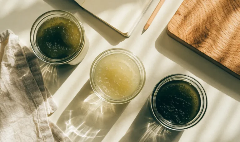 An unbranded flat lay comparing three plain glass jars of sea moss gel of different shades on a pale cream surface with a notebook, illustrating erewhon sea moss.
