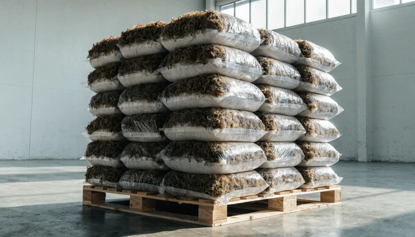 Lined woven sacks of dried wholesale sea moss stacked on a wooden pallet in a clean warehouse, ready for export