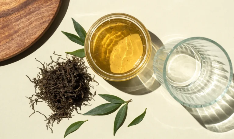 A still life of a glass jar of golden sea moss gel, a small pile of dried wildcrafted sea moss and fresh green leaves on a pale cream surface, illustrating flavored sea moss.