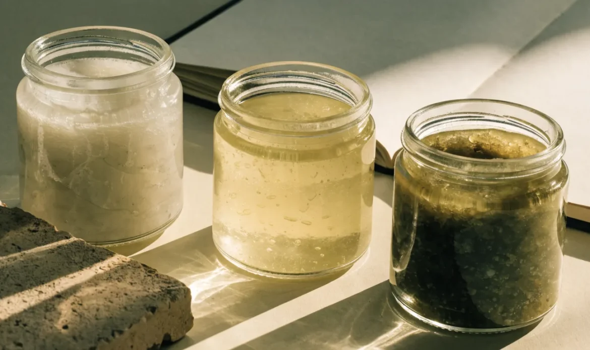 An unbranded flat lay comparing three plain glass jars of sea moss gel of different shades on a pale cream surface with a notebook, illustrating force factor sea moss.