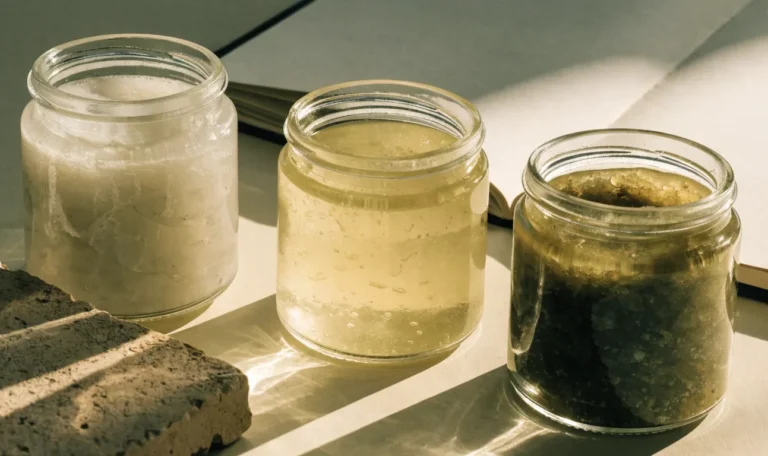 An unbranded flat lay comparing three plain glass jars of sea moss gel of different shades on a pale cream surface with a notebook, illustrating force factor sea moss.