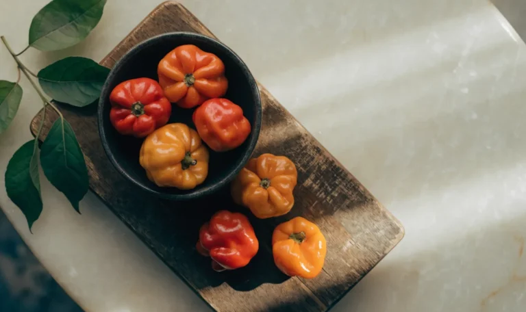 A bowl of glossy orange, red and yellow scotch bonnet peppers spilling onto a rustic wooden board, illustrating fresh scotch bonnet.