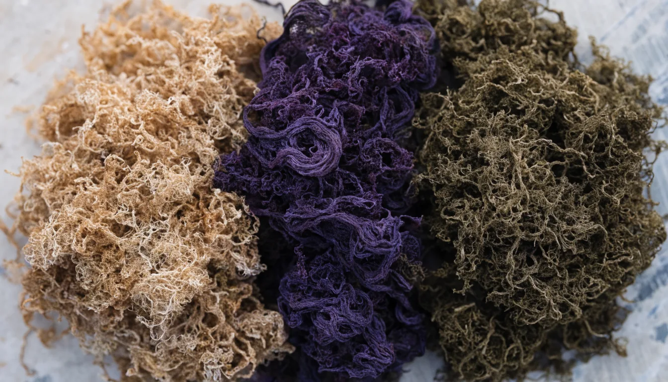 Three heaps of wildcrafted raw sea moss side by side, pale gold, deep purple and olive green, showing the colour range of Saint Lucia sea moss