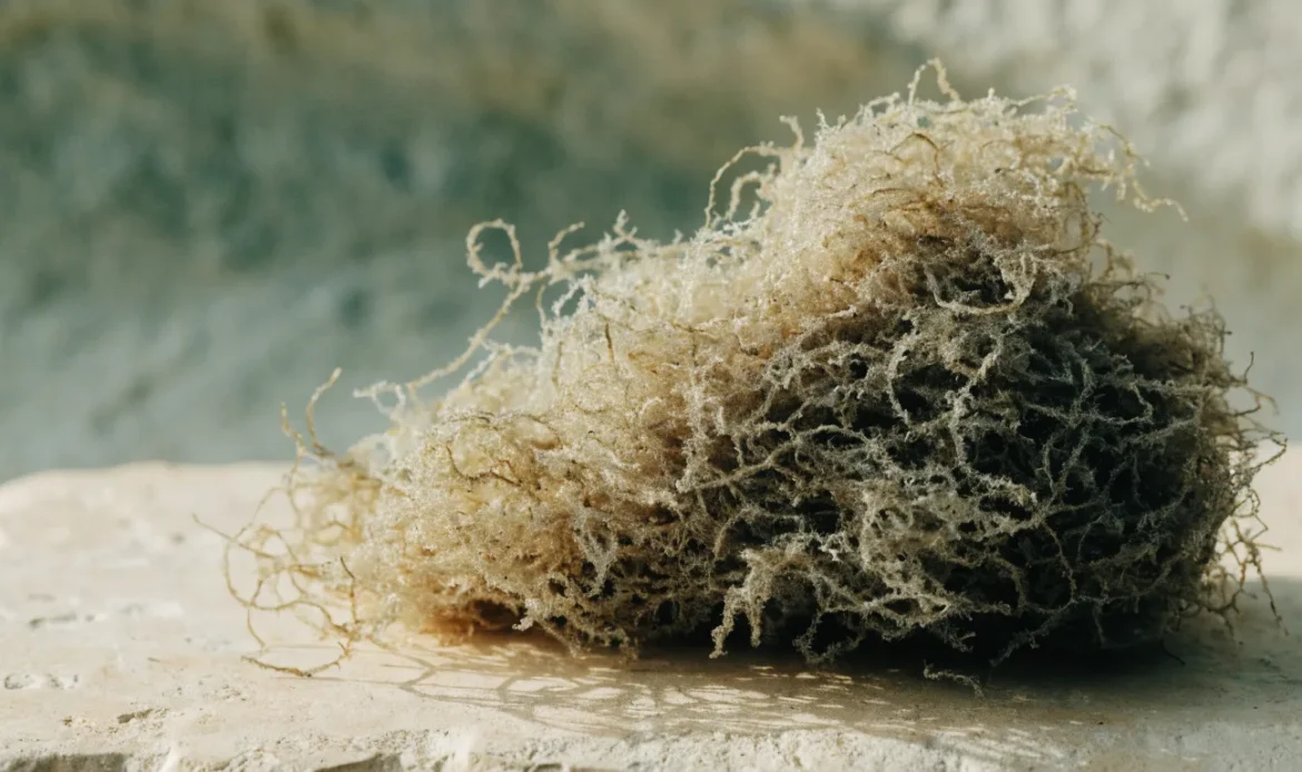A heap of pale golden dried sea moss strands on a warm cream stone surface, soft directional daylight, illustrating gold sea moss.