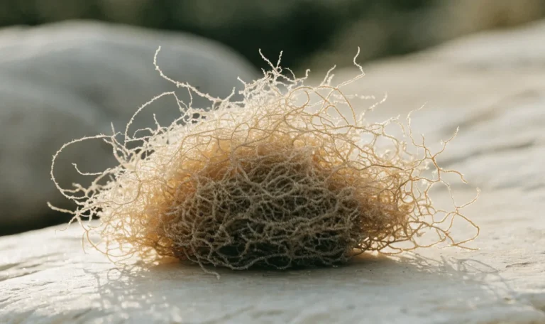 A heap of pale golden dried sea moss strands on a warm cream stone surface, soft directional daylight, illustrating golden sea moss.
