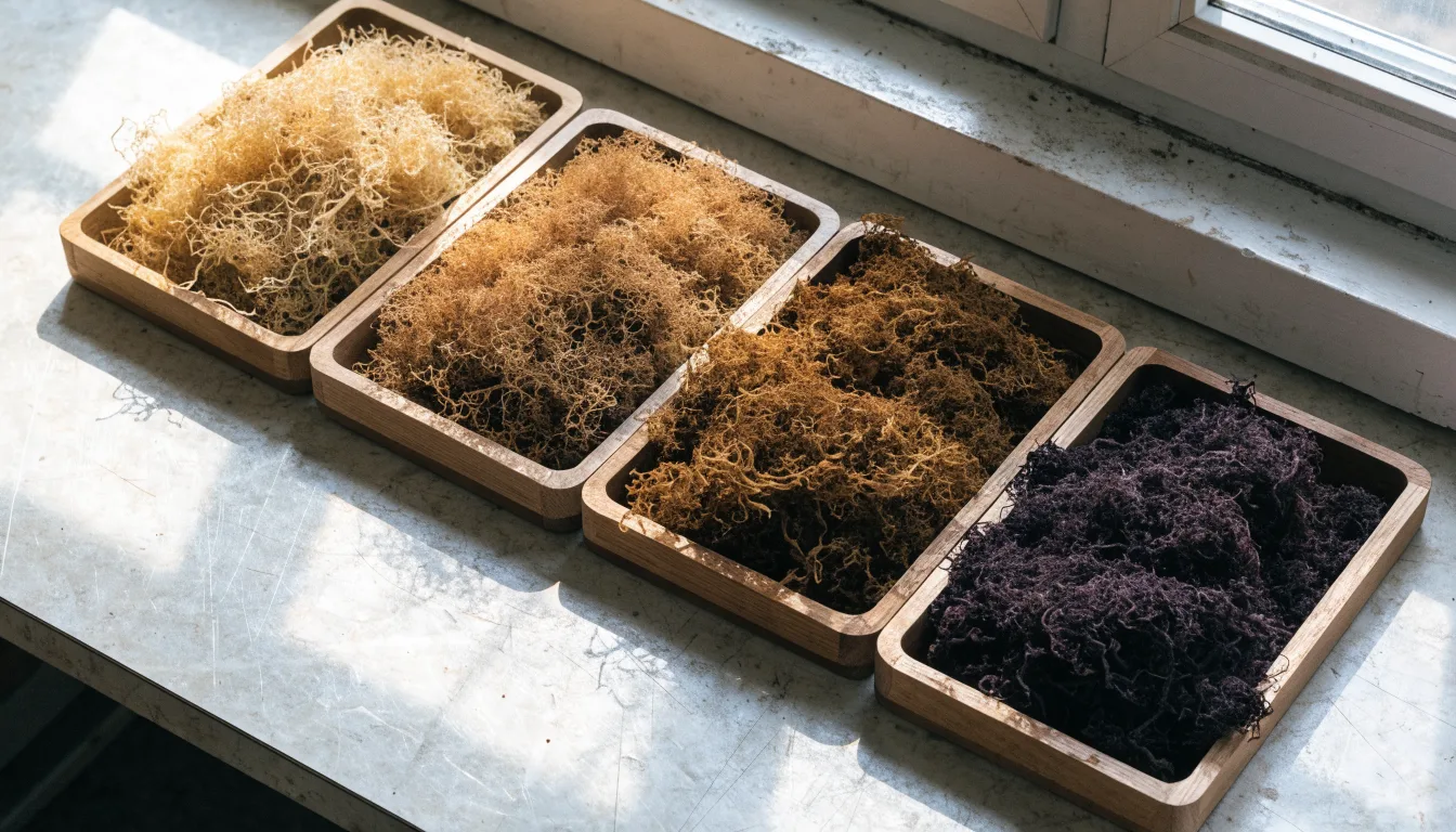 Shallow wooden trays of raw sea moss sorted by colour and strand size