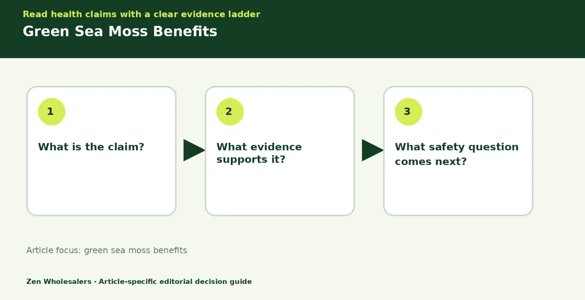 Decision guide diagram summarising green sea moss benefits in three steps for Zenwholesalers readers