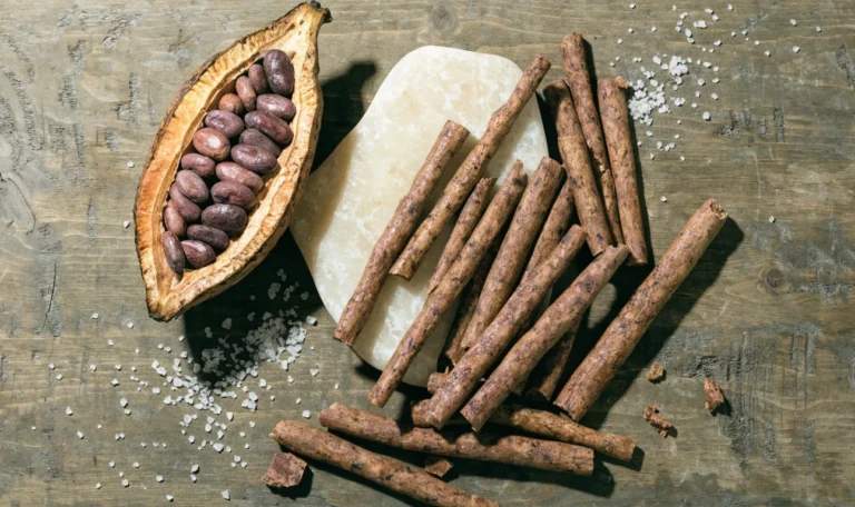 Hand-rolled Caribbean cocoa sticks and a split cocoa pod with glossy beans on a rough wooden table, illustrating grenada cocoa.