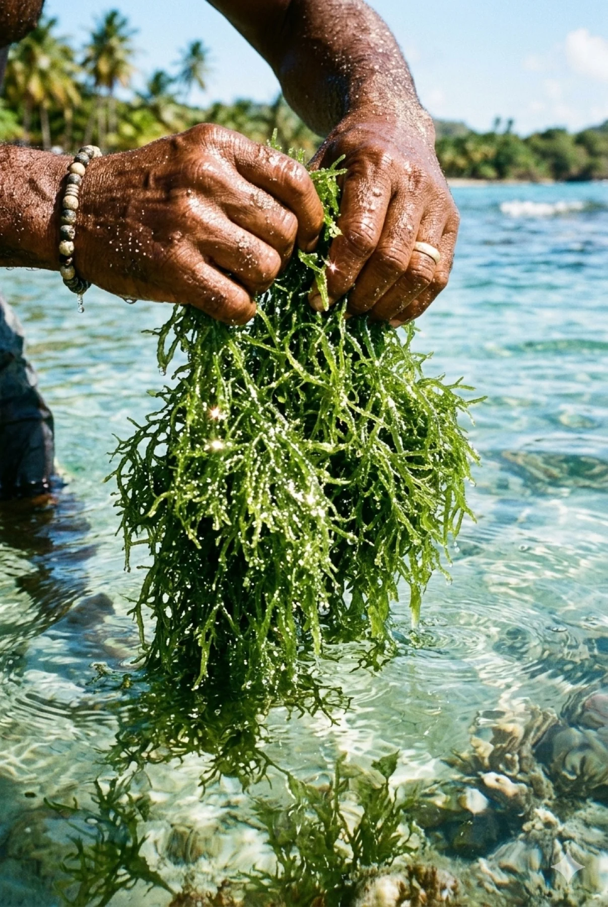 Freshly cut wildcrafted sea moss being gathered from open Caribbean water off Saint Lucia
