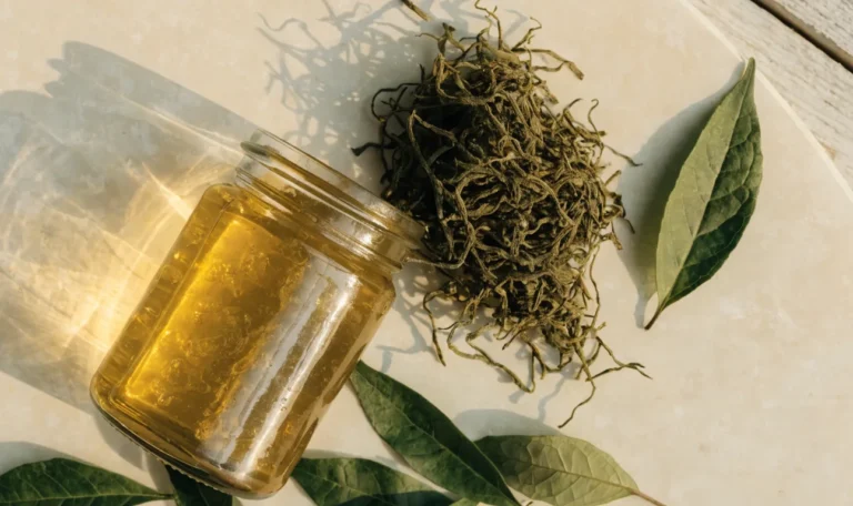 A still life of a glass jar of golden sea moss gel, a small pile of dried wildcrafted sea moss and fresh green leaves on a pale cream surface, illustrating high quality sea moss.