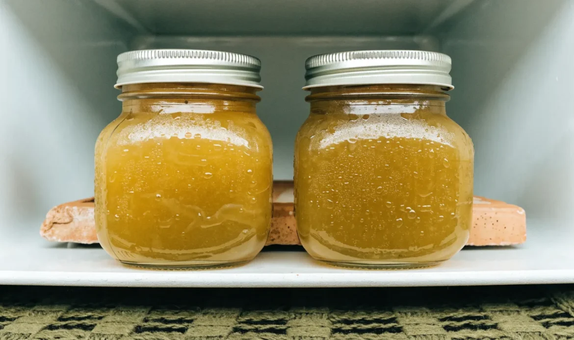 Two sealed glass mason jars of golden sea moss gel on a cool white refrigerator shelf, condensation on the glass, illustrating how long do sea moss last in the refrigerator.