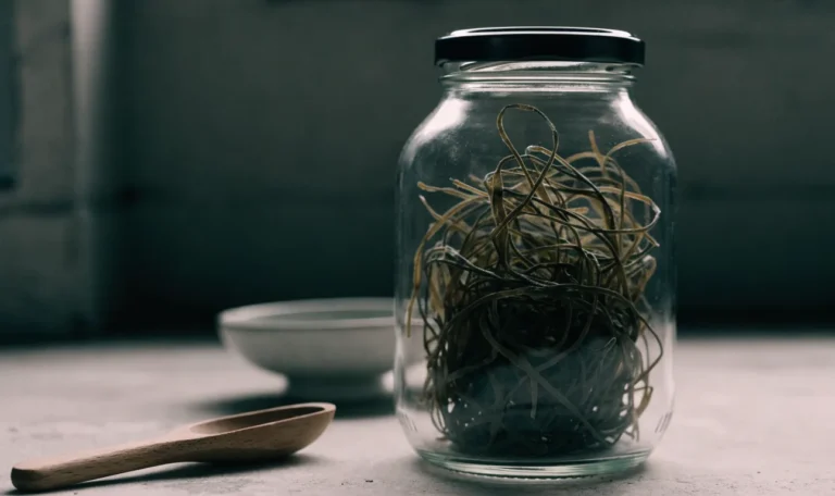A sealed glass jar of dried seaweed strands in a cool dark pantry beside a small scoop, soft low light, illustrating how long does dried sea moss last.