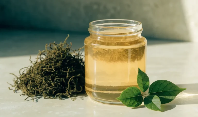 A still life of a glass jar of golden sea moss gel, a small pile of dried wildcrafted sea moss and fresh green leaves on a pale cream surface, illustrating how long does it take for sea moss to start working in your body.