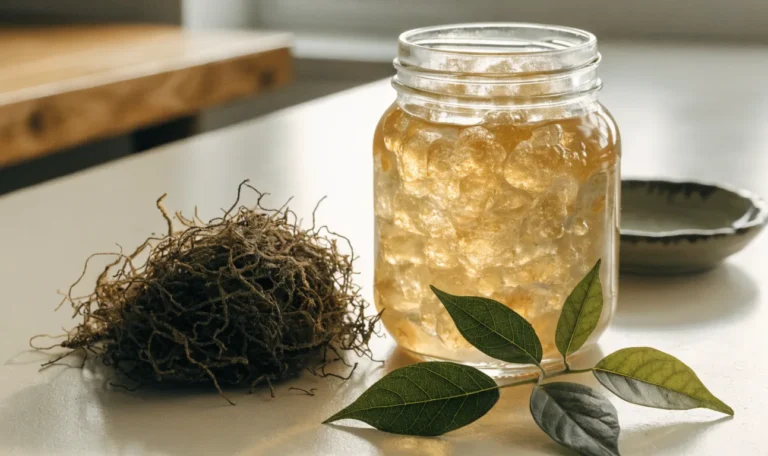 A still life of a glass jar of golden sea moss gel, a small pile of dried wildcrafted sea moss and fresh green leaves on a pale cream surface, illustrating how long does it take for sea moss to work.