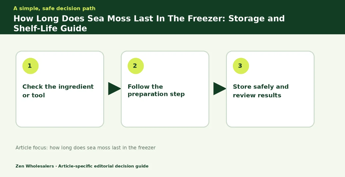 Decision guide diagram summarising how long does sea moss last in the freezer in three steps for Zenwholesalers readers
