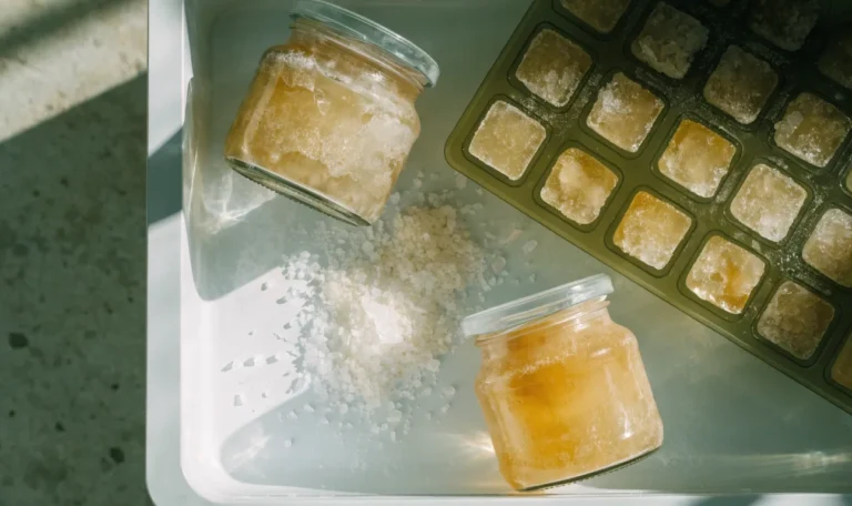 Two sealed glass jars of frozen golden gel and a silicone cube tray of frozen portions in a bright white freezer drawer, illustrating how long does sea moss last in the freezer.
