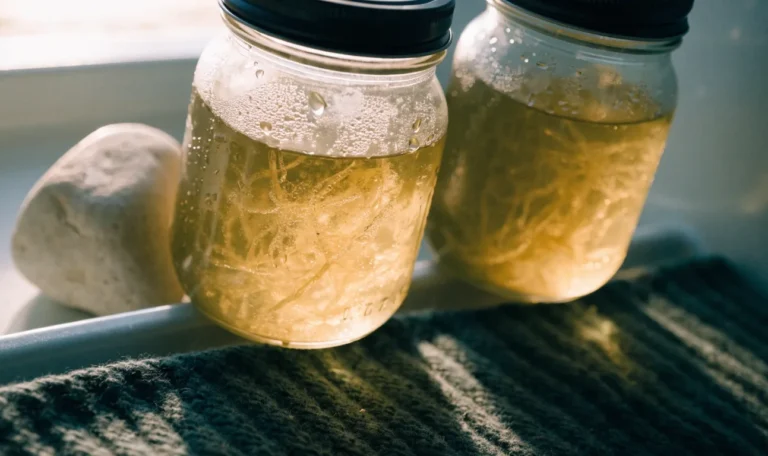 Two sealed glass mason jars of golden sea moss gel on a cool white refrigerator shelf, condensation on the glass, illustrating how long does sea moss last in the fridge.
