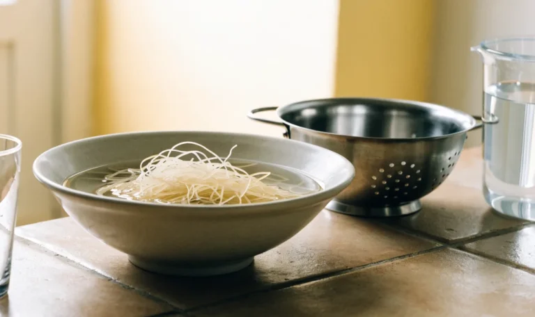 A wide bowl of water with rehydrating pale seaweed strands beside a colander and a jug of clean water on a bright counter, illustrating how long to soak sea moss.