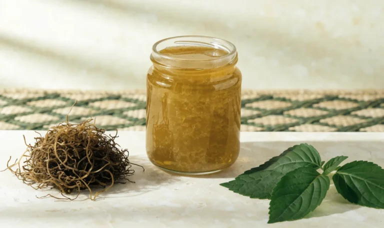 A still life of a glass jar of golden sea moss gel, a small pile of dried wildcrafted sea moss and fresh green leaves on a pale cream surface, illustrating how often should you take sea moss.