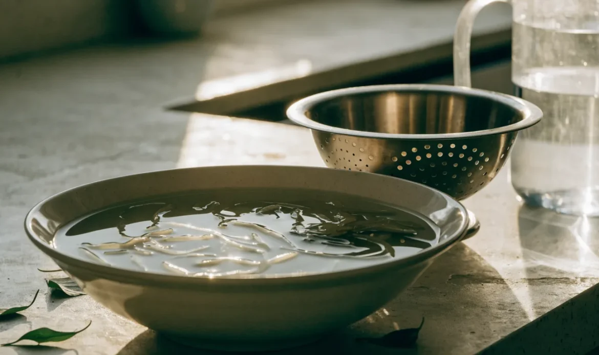 A wide bowl of water with rehydrating pale seaweed strands beside a colander and a jug of clean water on a bright counter, illustrating how to clean sea moss.