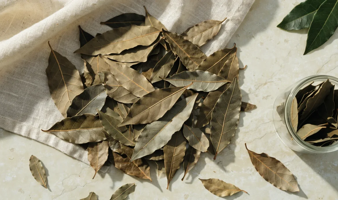 A scattered pile of dried West Indian bay leaves on a pale linen cloth with a small glass jar of whole leaves, illustrating how to dry a bay leaf.