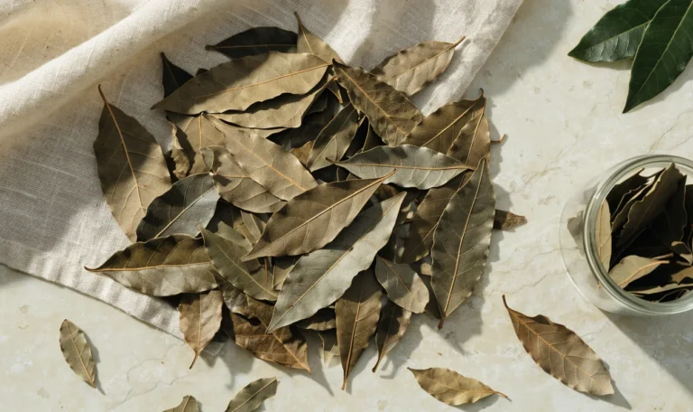 A scattered pile of dried West Indian bay leaves on a pale linen cloth with a small glass jar of whole leaves, illustrating how to dry a bay leaf.