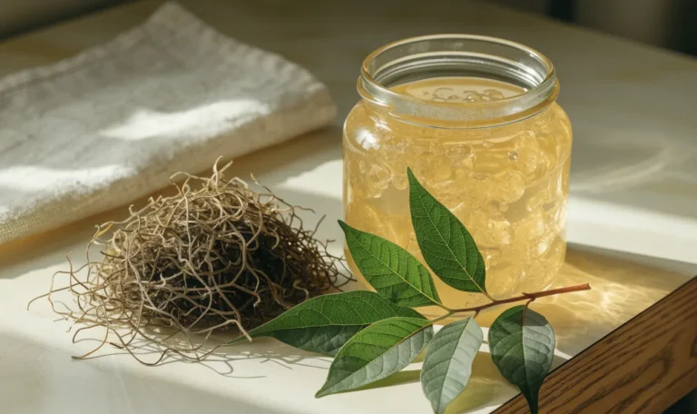 A still life of a glass jar of golden sea moss gel, a small pile of dried wildcrafted sea moss and fresh green leaves on a pale cream surface, illustrating how to make sea moss drink.