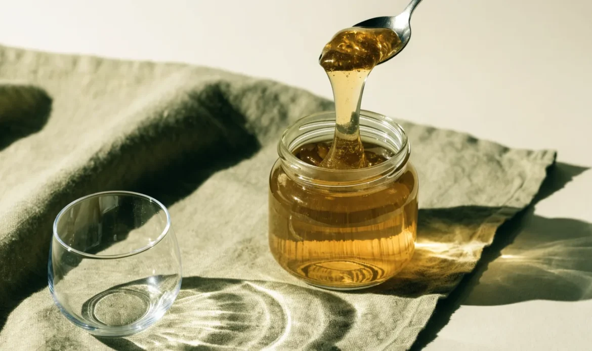 A clear glass jar of translucent golden sea moss gel with a spoon lifting a thick ribbon of it, cream backdrop, illustrating how to make seamoss gel.