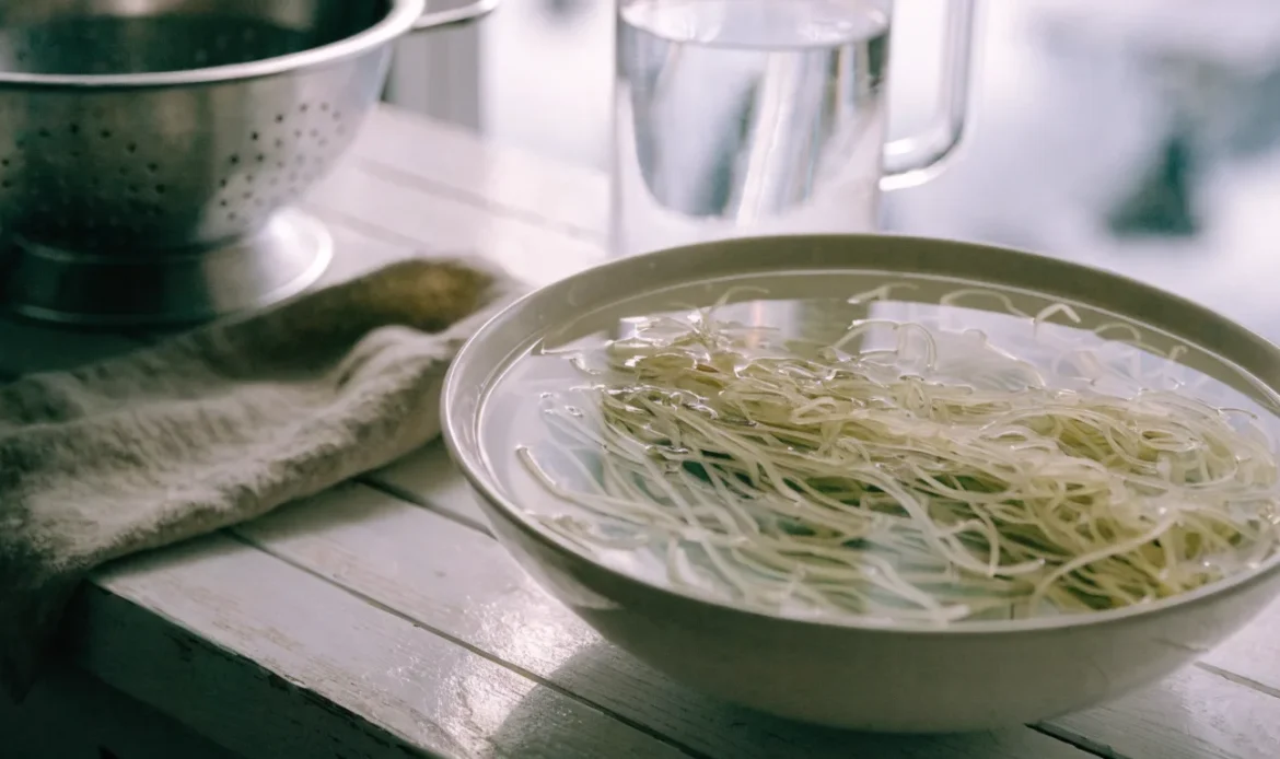 A wide bowl of water with rehydrating pale seaweed strands beside a colander and a jug of clean water on a bright counter, illustrating how to prepare seamoss.