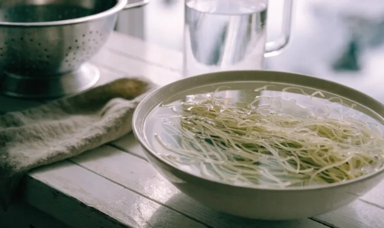 A wide bowl of water with rehydrating pale seaweed strands beside a colander and a jug of clean water on a bright counter, illustrating how to prepare seamoss.