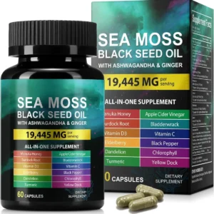 HUYEHF sea moss capsules container photographed against a plain background