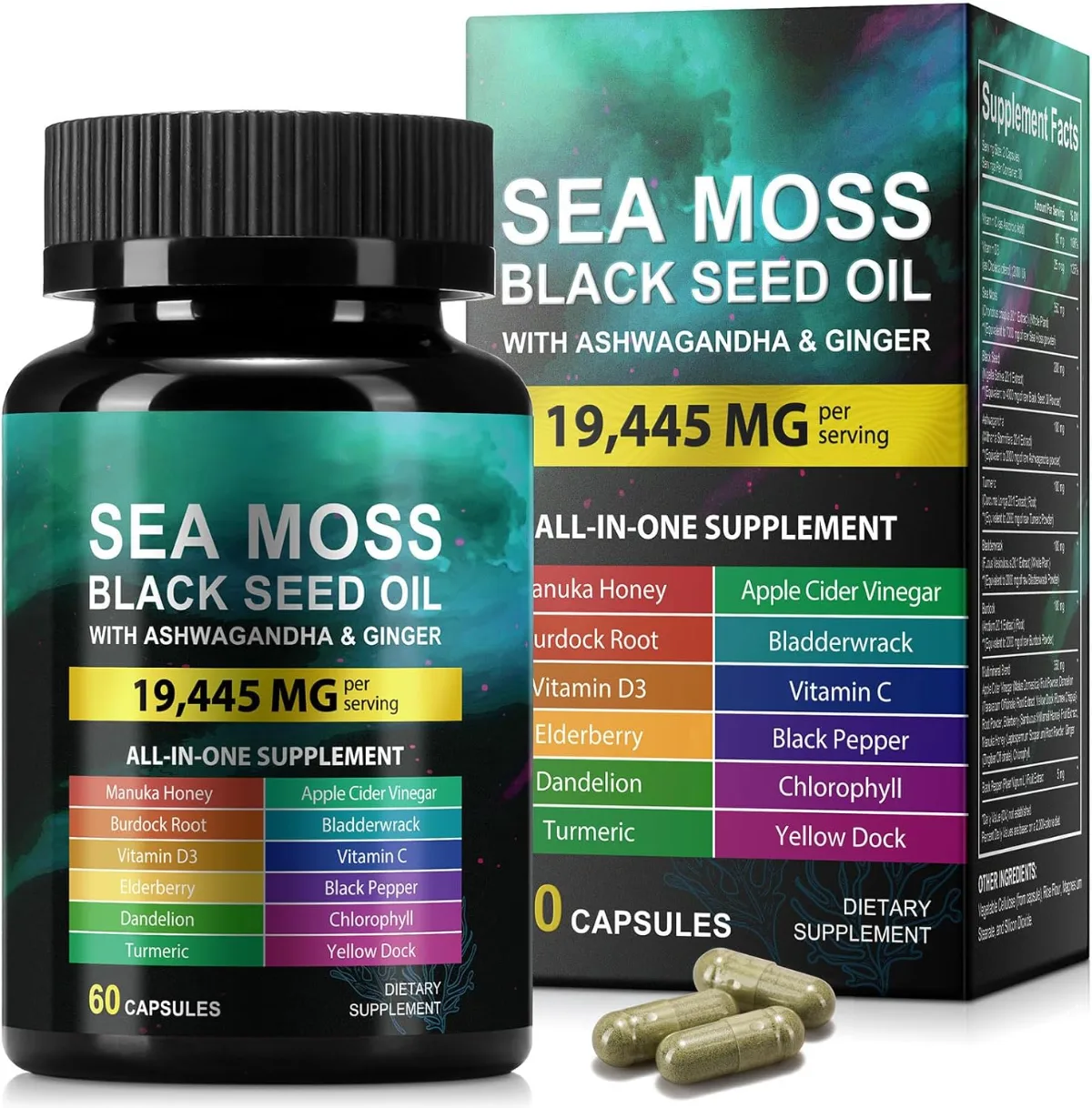 HUYEHF sea moss capsules container photographed against a plain background