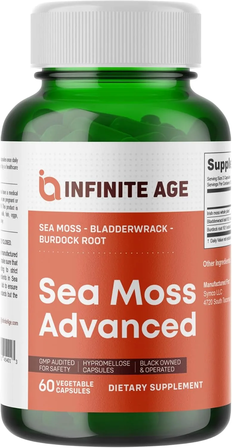 INFINITE AGE sea moss capsules container photographed against a plain background